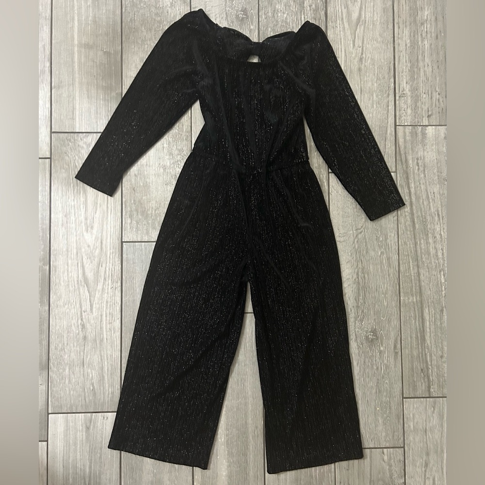 Girls Velvet Bow Black jumpsuit medium 8 Stretch